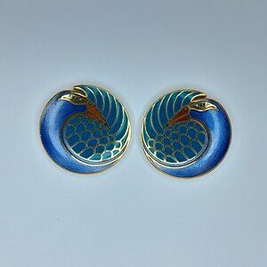Vintage Laurel Burch Mynah Bird Cloisonné Enamel Earrings Gold Plated Trim